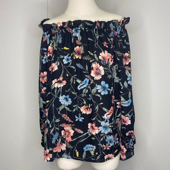 Modern Belle Sky Floral Teal Colorful Peasant Off-Shoulder Blouse, size M. - Picture 1 of 4